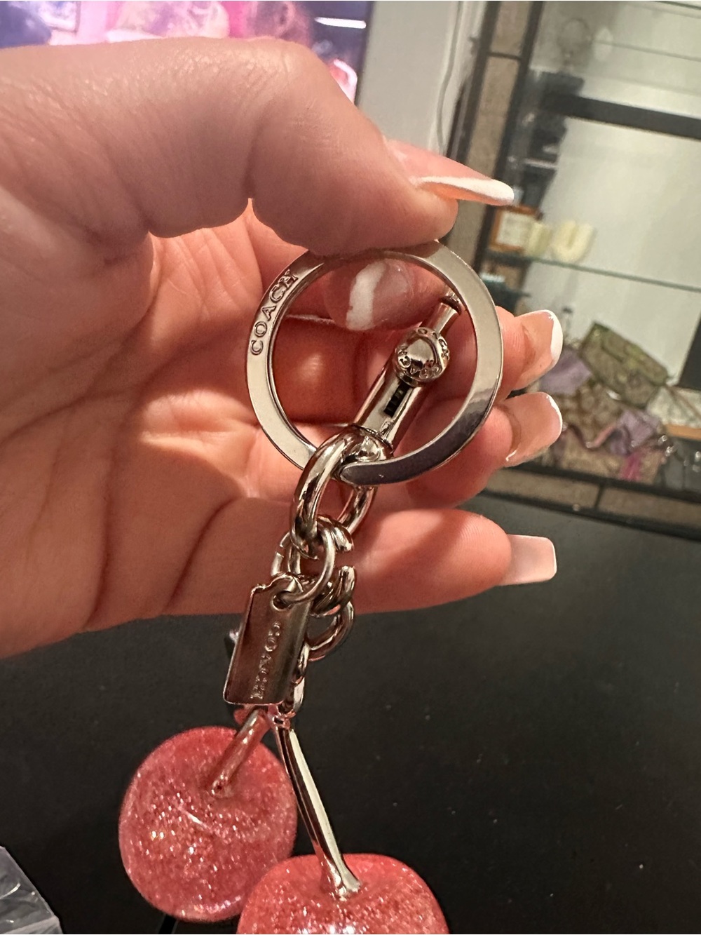 Coach Silver-Tone Keyring with Pink Glitter Cherry Charms